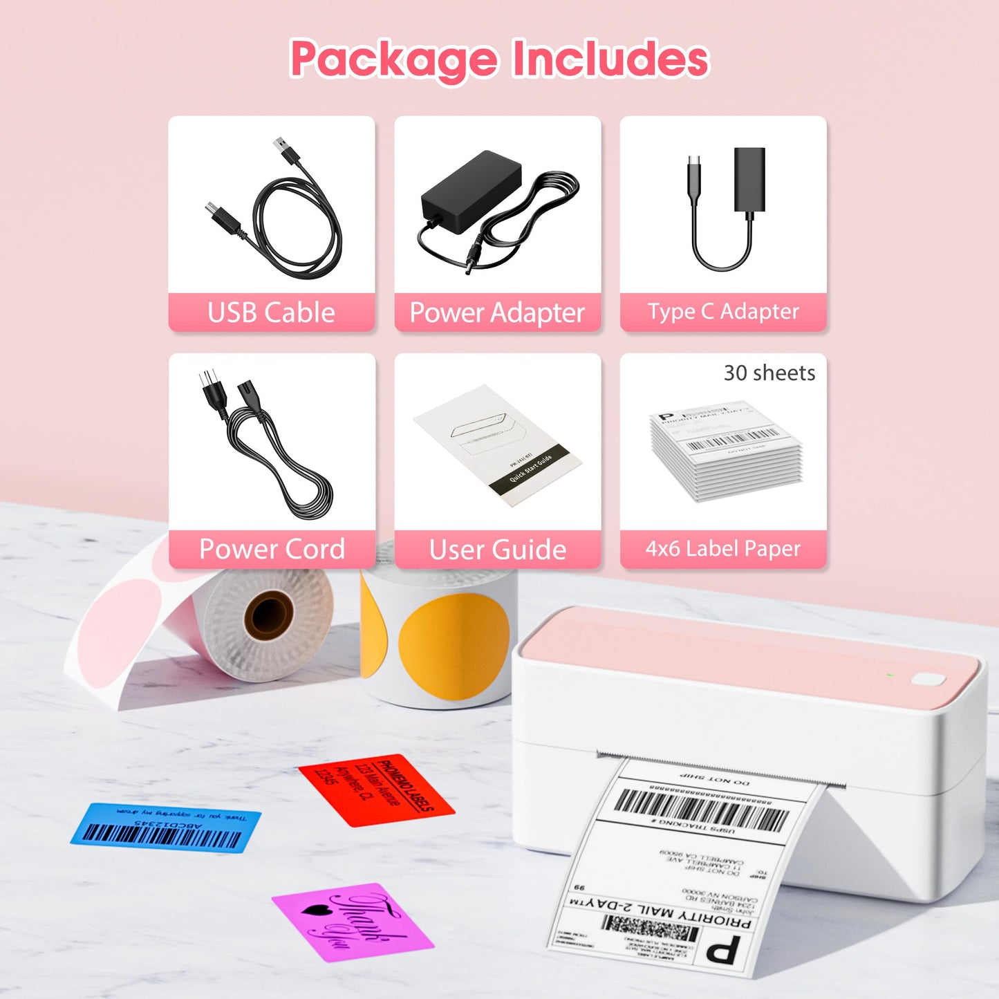 ItriAce 241BT Bluetooth Etikettendrucker, Versandetiketten Drucker 4×6 Thermodrucker DHL Ettikettendrucķer für Kleine Unternehmen, Label Printer Kompatibel mit Amazon, Shopify, Ebay, UPS -Rosa