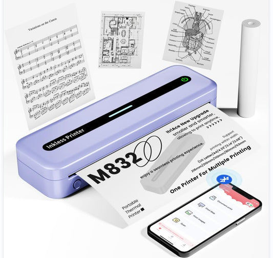 ItriAce Stampante Termica A4, Stampante Bluetooth M832, Senza Inchiostro per Ufficio, Studio, Casa, Viaggi, Compatibile con Computer Portatili e Telefoni - Viola
