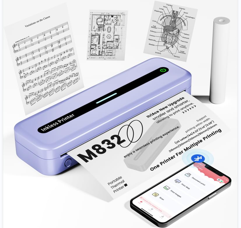 ItriAce Impresora Térmica A4 - Impresora Bluetooth, Impresora Sin Tinta para Oficina, Estudio, Hogar, Viajes, Compatible con Ordenadores Portátiles y Teléfonos - Púrpura