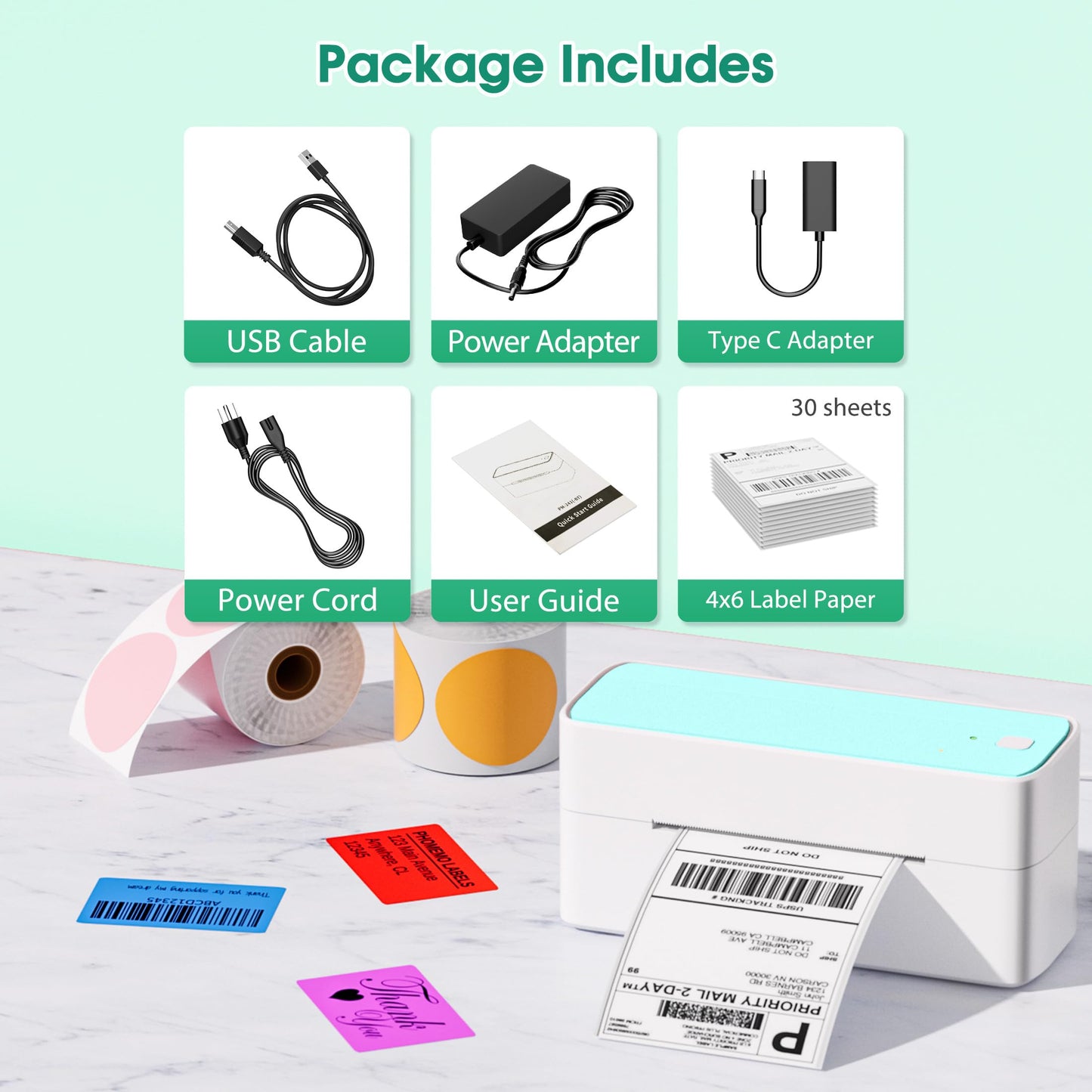 ItriAce 241BT Bluetooth Etikettendrucker, Versandetiketten Drucker 4×6 Thermodrucker DHL Ettikettendrucķer für Kleine Unternehmen, Label Printer Kompatibel mit Amazon, Shopify, Ebay, UPS -Grün