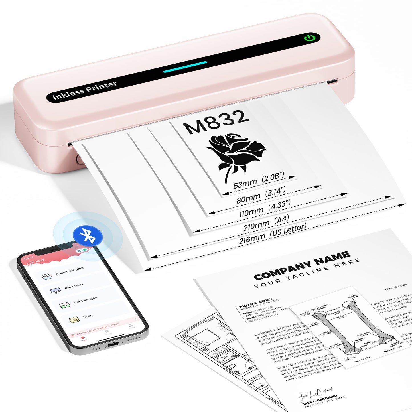 ItriAce Impresora Térmica A4 - Impresora Bluetooth M832, Impresora Sin Tinta para Oficina, Estudio, Hogar, Viajes, Compatible con Ordenadores Portátiles y Teléfonos - Rosado