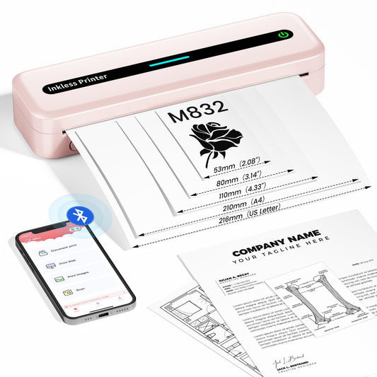 ItriAce Impresora Térmica A4 - Impresora Bluetooth M832, Impresora Sin Tinta para Oficina, Estudio, Hogar, Viajes, Compatible con Ordenadores Portátiles y Teléfonos - Rosado