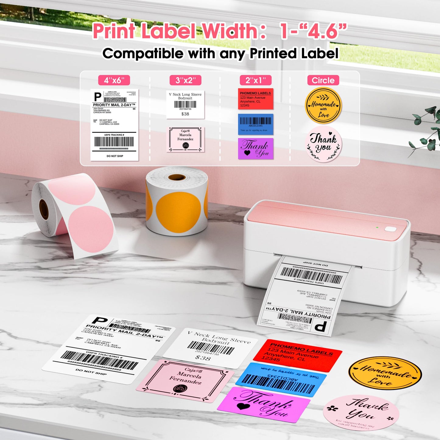ItriAce 241BT Bluetooth Etikettendrucker, Versandetiketten Drucker 4×6 Thermodrucker DHL Ettikettendrucķer für Kleine Unternehmen, Label Printer Kompatibel mit Amazon, Shopify, Ebay, UPS -Rosa
