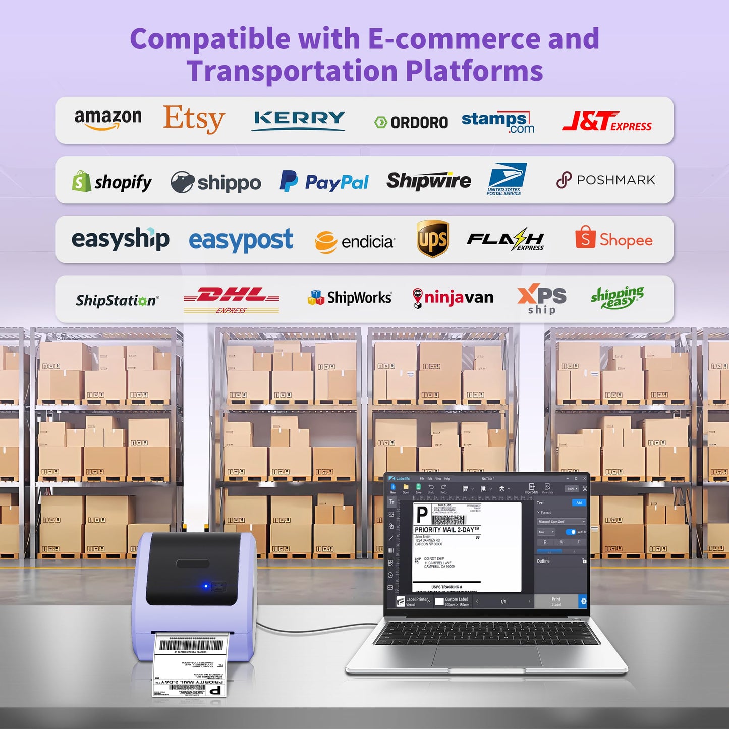 ItriAce D520BT Imprimante Etiquette Expedition,Imprimante Etiquette Autocollante 4x6 pour Petites Entreprises,Imprimantes étiquettes Thermiques Bureau Compatible avec Ebay,Amazon,Etsy,Ups,Wish.Violet