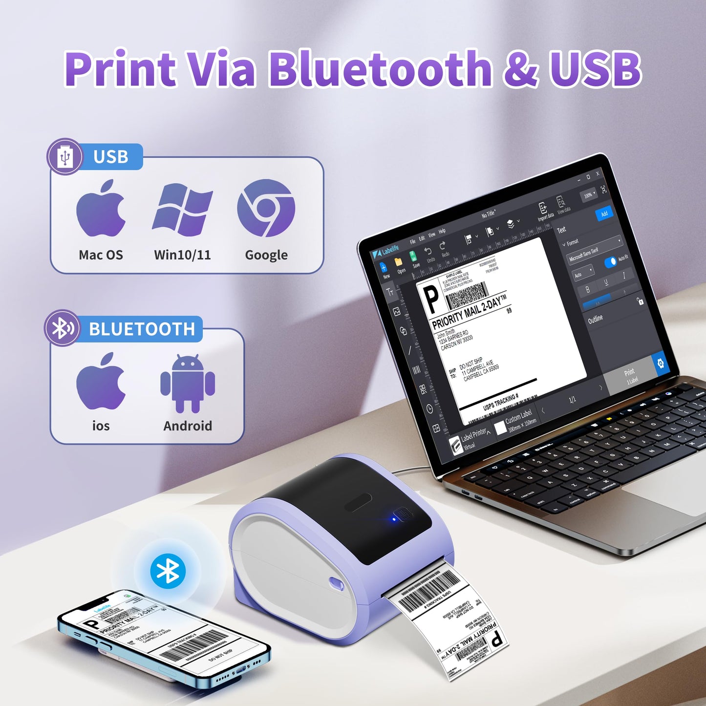 ItriAce D520BT Imprimante Etiquette Expedition,Imprimante Etiquette Autocollante 4x6 pour Petites Entreprises,Imprimantes étiquettes Thermiques Bureau Compatible avec Ebay,Amazon,Etsy,Ups,Wish.Violet
