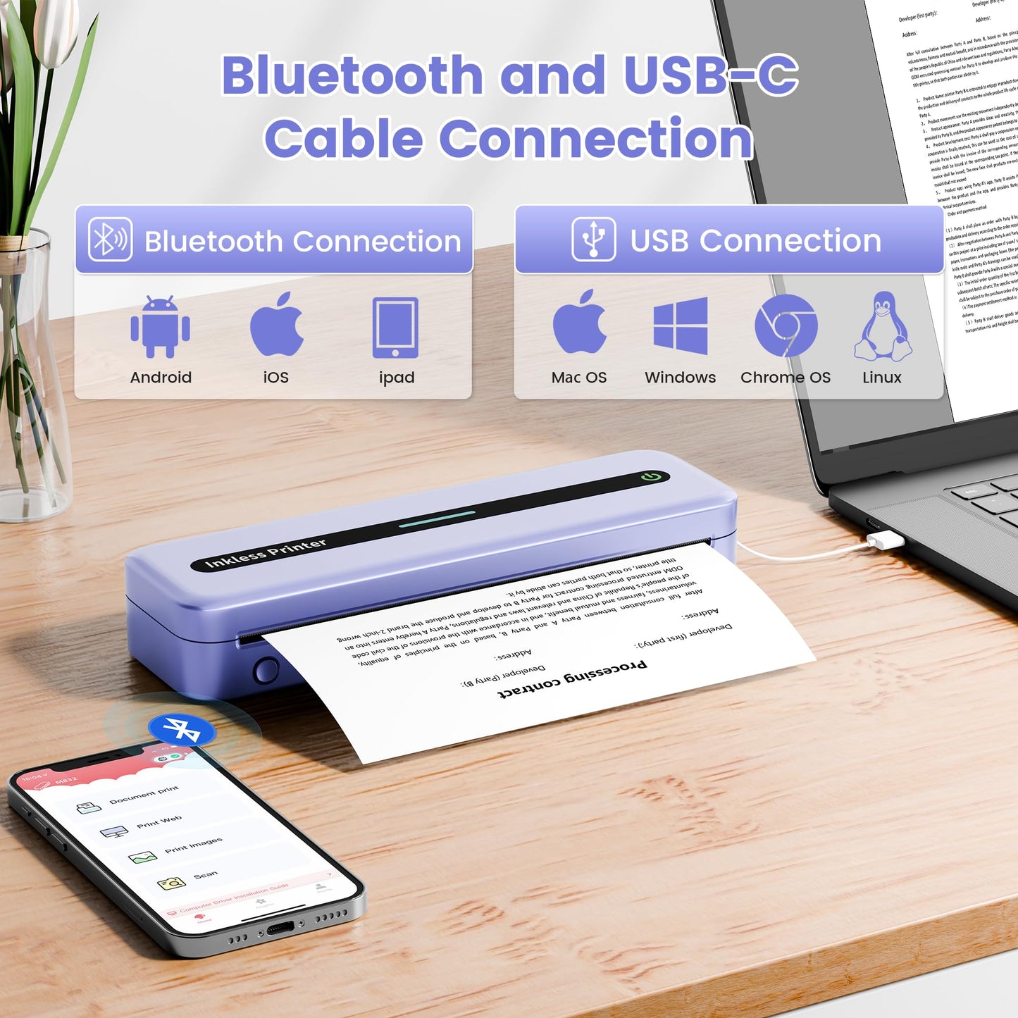 ItriAce A4 Thermodrucker - M832 Bluetooth Drucker, Drucker ohne Tinte für Büro, Studium, Zuhause, Reisen, kompatibel mit Laptop & Telefon - Lila