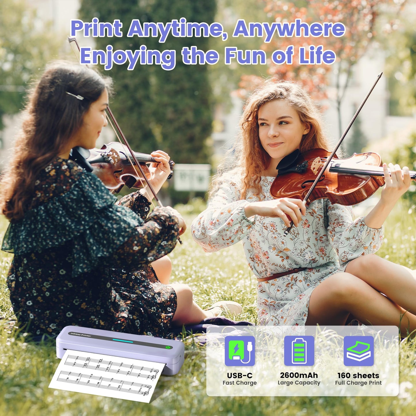ItriAce Impresora Térmica A4 - Impresora Bluetooth, Impresora Sin Tinta para Oficina, Estudio, Hogar, Viajes, Compatible con Ordenadores Portátiles y Teléfonos - Púrpura
